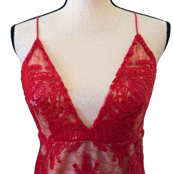 Free People Night Shimmers Red Lace & Sequins Mini Dress Sz 2 Y2K, Party - Picture 4 of 16